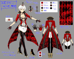 Rule 34 | 1girl, alice in wonderland, ass, black bra, black choker, black gloves, boots, bra, breasts, character sheet, chess piece, choker, cleavage, collarbone, color guide, concept art, cosplay, crown, floral print, flower, gloves, grey background, hair between eyes, half gloves, heart, high collar, high heels, highres, japanese text, lace, lace-trimmed bra, lace trim, large breasts, long coat, looking at viewer, low neckline, mini crown, miyabi (senran kagura), official alternate costume, official art, pants, queen (chess), queen of hearts (alice in wonderland), queen of hearts (alice in wonderland) (cosplay), red flower, red rose, rose, rose print, senran kagura, senran kagura new link, senran kagura shinovi versus, short hair, simple background, smile, solo, thigh boots, thorn print, thorns, tight clothes, tight pants, translation request, underboob, underwear, white hair, white pants, yaegashi nan, yellow eyes
