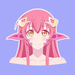 Rule 34 | 1girl, artist name, artsy-rc, bare shoulders, blue background, face, fang, hair between eyes, hair ornament, hairclip, long hair, looking at viewer, miia (monster musume), monster girl, monster musume no iru nichijou, pointy ears, red hair, scales, simple background, slit pupils, smile, solo, yellow eyes