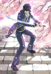 Rule 34 | 1boy, black hair, cherry blossoms, cigarette, fighting stance, gintama, hijikata toushirou, holding, male focus, mars0317, petals, silversnow, solo, stairs, sword, uniform, weapon, wind