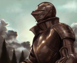 Rule 34 | 1other, armor, blue sky, breastplate, couter, day, from side, helmet, highres, knight, original, outdoors, pauldrons, pine tree, shoulder armor, sky, sleepysolaire, tree