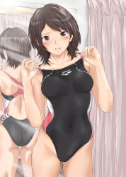 Rule 34 | 1girl, amagami, arena (company), ass, back cutout, black eyes, black hair, blush, clothing cutout, competition swimsuit, covered navel, cowboy shot, highres, keisuke (0320030103200301), mirror, one-piece swimsuit, reflection, short hair, solo, swimsuit, takahashi maya