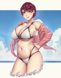 Rule 34 | 1girl, absurdres, bikini, breasts, cloud, cloudy sky, commentary, earrings, english commentary, eyeliner, grey background, highres, jewelry, large breasts, looking at viewer, makeup, mole, mole under eye, nattapuumuu, navel, open mouth, original, purple eyes, red hair, shawl, short hair, simple background, sky, smile, solo, swimsuit, water