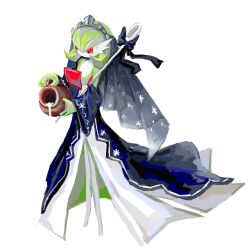 Rule 34 | 1girl, :|, black bow, blue cape, blue sleeves, bob cut, bow, cape, closed mouth, clothed pokemon, colored skin, creatures (company), detached sleeves, expressionless, female focus, flat chest, full body, game freak, gardevoir, gardevoir (royal winter), gen 3 pokemon, green hair, green skin, grey headwear, hands up, highres, holding, holding jar, holding staff, jar, looking down, multicolored skin, nintendo, pokemon, pokemon (creature), pokemon cafe remix, pokemon unite, pouring, red eyes, see-through, short hair, simple background, sketch, snowygold wolf, solo, staff, standing, tiara, two-tone skin, veil, waist cape, white background, white skin, wide sleeves