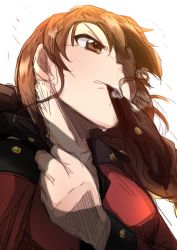 Rule 34 | 1girl, brown eyes, brown hair, from below, girls und panzer, glove in mouth, gloves, mouth hold, preesoul, rukuriri (girls und panzer), shaded face, sketch, solo, st. gloriana&#039;s military uniform, upper body, white background