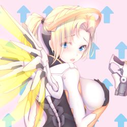 Rule 34 | 1girl, :o, black gloves, blonde hair, blue eyes, blush, bodysuit, breasts, eyebrows, from behind, gloves, hair ornament, hair tie, hand on breast, highres, hitomilook, large breasts, long sleeves, looking at viewer, looking back, mercy (overwatch), open mouth, overwatch, overwatch 1, pink lips, ponytail, skin tight, solo, spread wings, turtleneck, wings, yellow wings