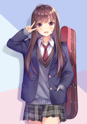 Rule 34 | 1girl, :d, bad id, bad pixiv id, black skirt, blazer, blue jacket, blue sweater, blush, brown eyes, brown hair, buttons, case, collarbone, collared shirt, commentary request, cowboy shot, hand in pocket, hand up, higeneko, jacket, long hair, long sleeves, looking at viewer, miniskirt, necktie, open clothes, open jacket, open mouth, original, plaid, plaid skirt, pleated skirt, red necktie, revision, school uniform, shadow, shirt, sidelocks, skirt, sleeves past wrists, smile, solo, standing, strap, sweater, undershirt, v, v over eye, white shirt