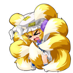 Rule 34 | &gt; &lt;, 1girl, ^^^, between legs, blonde hair, blush, chibi, closed eyes, fang, female focus, fox tail, hand on headwear, hat, highres, kazami karasu, multiple tails, ofuda, open mouth, simple background, solo, tail, tail between legs, tears, touhou, trembling, wavy mouth, white background, yakumo ran
