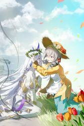 Rule 34 | 2girls, :d, absurdres, alexandra pavlovna zaychik, blue pants, blue sky, boots, cloud, cloudy sky, dress, drill hair, flower, grass, grey eyes, grey hair, hare (honkai impact), hat, highres, honkai (series), honkai impact 3rd, jacket, laurel crown, long hair, long sleeves, looking at another, multiple girls, open mouth, orange flower, outdoors, pants, petals, purple eyes, red flower, roena, shirt, sky, smile, straw hat, thigh boots, twin drills, white dress, white footwear, white hair, white shirt, yellow jacket