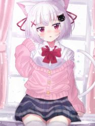 Rule 34 | 1girl, animal ear fluff, animal ears, ashitaba kemo, bandaid, bandaid on cheek, bandaid on face, black skirt, blush, bow, breasts, cardigan, cat ears, cat girl, cat hair ornament, cat tail, collared shirt, commentary request, curtains, dress shirt, fang, hair ornament, hair ribbon, hairclip, head tilt, highres, long sleeves, looking at viewer, medium breasts, off shoulder, original, parted lips, pink cardigan, pleated skirt, red bow, red eyes, red ribbon, ribbon, school uniform, shirt, sitting, sitting in window, skirt, sleeves past wrists, solo, tail, tail raised, thighhighs, white shirt, window, x hair ornament