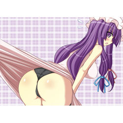 Rule 34 | 1girl, ass, bent over, black panties, blush, breasts, clothes lift, covering privates, dress, dress lift, embarrassed, female focus, hat, jema, large breasts, leaning, leaning forward, long hair, looking at viewer, looking back, open mouth, panties, pantyshot, patchouli knowledge, profile, purple eyes, purple hair, ribbon, shy, skirt, skirt lift, solo, sweatdrop, thighhighs, touhou, underwear, upskirt