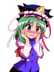 Rule 34 | 1girl, blue eyes, blush, embarrassed, full-face blush, green hair, hands on own face, hat, hat ribbon, honda takaharu, leaning, long sleeves, looking away, parted lips, ribbon, shiki eiki, short hair, simple background, solo, touhou, upper body, vest, white background