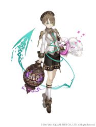 Rule 34 | 1boy, absurdres, aqua eyes, birdcage, brown hair, cage, choker, colored inner hair, eyes visible through hair, full body, gretel (sinoalice), hair over one eye, hansel (sinoalice), hat, highres, instrument, jacket, ji no, looking at viewer, male focus, multicolored hair, official art, shorts, sinoalice, solo, square enix, white background, white jacket