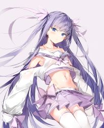 Rule 34 | 1girl, absurdres, bare shoulders, blue eyes, blush, bow, closed mouth, collarbone, commentary request, crop top, fate/grand order, fate (series), grey background, hair between eyes, hair ribbon, highres, long hair, long sleeves, looking at viewer, meltryllis (fate), midriff, navel, off shoulder, pink ribbon, pleated skirt, purple bow, purple hair, purple skirt, ribbon, sailor collar, school uniform, serafuku, shirt, silver (chenwen), simple background, skirt, sleeves past fingers, sleeves past wrists, solo, thighhighs, very long hair, white sailor collar, white shirt, white thighhighs