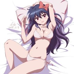 Rule 34 | 10s, 1girl, 2015, ageha (kyoukai no rinne), arm up, armpits, artist name, bikini, black hair, blush, bow, breasts, brown eyes, cleavage, closed mouth, collarbone, dated, eyebrows, fusuke208, hair between eyes, head tilt, kyoukai no rinne, long hair, looking at viewer, lying, medium breasts, navel, on back, parted lips, pillow, red bow, red lips, side-tie bikini bottom, smile, solo, swimsuit, very long hair, white bikini