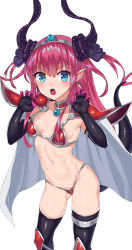 Rule 34 | 1girl, :o, armor, armored boots, bikini, bikini armor, black gloves, black ribbon, black thighhighs, blue eyes, blush, boots, breasts, choker, claw pose, commentary request, curled horns, dragon horns, dragon tail, earrings, elbow gloves, elizabeth bathory (brave) (fate), elizabeth bathory (fate), fate/grand order, fate (series), gloves, hair between eyes, hair ribbon, hands up, highres, horns, jewelry, knee boots, long hair, looking at viewer, mahou kyuuri, navel, open mouth, oversized clothes, pauldrons, pink hair, pointy ears, red armor, red bikini, red footwear, ribbon, shoulder armor, simple background, small breasts, solo, standing, string bikini, swimsuit, tail, thighhighs, tiara, two side up, v-shaped eyebrows, white background