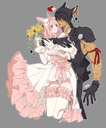 Rule 34 | 1boy, 1girl, animal ears, arm around neck, arm ribbon, armor, warrior of light (ff14), bandaged neck, bandages, bandaid, bandaid on face, bare shoulders, black gloves, black hair, black shirt, blunt bangs, bomb (final fantasy), bouquet, bow, breasts, cat ears, cloud strife, cloud strife (cosplay), cosplay, couple, cowboy shot, detached sleeves, dress, earrings, facial mark, falling leaves, final fantasy, final fantasy xiv, flower, flower earrings, frilled dress, frilled thighhighs, frills, gloves, grey background, hair between eyes, hair bow, heart, hetero, high collar, highres, holding, holding bouquet, hug, hug from behind, jewelry, kaka ff14, leaf, long hair, looking at another, medium breasts, miqo&#039;te, muscular, muscular male, orange eyes, pale skin, panties, parted lips, pink hair, pink trim, puffy sleeves, red eyes, red ribbon, ribbon, shirt, short hair, shoulder armor, sleeveless, sleeveless shirt, sparkle, striped, striped bow, thigh gap, thighhighs, underwear, white bow, white dress, white gloves, white panties, white thighhighs, wolf, yellow flower