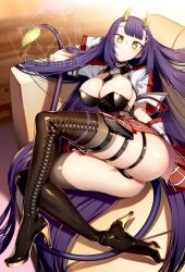 Rule 34 | 1girl, ass, blunt bangs, boots, breasts, choker, cluseller, couch, demon tail, food-themed hair ornament, hair ornament, high heel boots, high heels, highres, horns, indie virtual youtuber, large breasts, long hair, looking at viewer, lying, necktie, on couch, oni, oni horns, onigiri (vtuber) (1st costume), onigiri (vtuber), onigiri hair ornament, panties, qr code, solo, tail, thigh boots, thighhighs, underwear, very long hair, virtual youtuber, watermark, yellow eyes