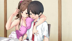 Rule 34 | 1boy, 1girl, aomizuan, arm around shoulder, bare shoulders, beads, black hair, blush, breast press, breasts, brown eyes, brown hair, chair, cleavage, collared shirt, frilled skirt, frills, hair beads, hair ornament, hetero, highres, homework, large breasts, necktie, notebook, open mouth, original, pen, pink tank top, school uniform, shirt, shonen to chijo onesan tachi no shiawase h na apato kurashi, short sleeves, skirt, table, tank top, twintails