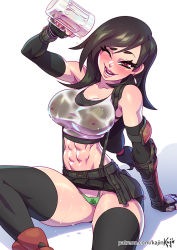 Rule 34 | 1girl, abs, arm guards, arm support, beer mug, black hair, black skirt, black thighhighs, blush, breasts, brown eyes, clover print, covered erect nipples, cup, elbow gloves, female pubic hair, final fantasy, final fantasy vii, final fantasy vii remake, fingerless gloves, gloves, kajin (kajinman), large breasts, long hair, low-tied long hair, mug, navel, one eye closed, pubic hair, purple eyes, simple background, sitting, skirt, smile, solo, stomach, thighhighs, thong, tifa lockhart, wet, wet clothes