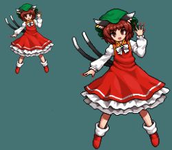 Rule 34 | 1girl, animal ears, arm up, bad id, bad pixiv id, blue background, bow, bowtie, brown eyes, brown hair, cat ears, cat tail, chen, dress, fingernails, frilled dress, frills, full body, green hat, hat, long fingernails, long sleeves, looking at viewer, mob cap, multiple tails, multiple views, namako daibakuhatsu, open mouth, pixel art, red dress, red footwear, sharp fingernails, shoes, short hair, simple background, standing, tail, touhou, two tails, white bow, white bowtie
