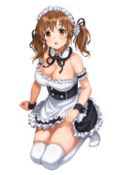 Rule 34 | 1girl, apron, bare shoulders, black dress, blush, breasts, brown eyes, brown hair, cleavage, detached collar, dress, frills, highres, idolmaster, idolmaster cinderella girls, kneeling, large breasts, looking at viewer, maid, maid headdress, open mouth, sidelocks, simple background, sirurabbit, solo, thighhighs, thighs, totoki airi, twintails, waist apron, white background, white thighhighs, wrist cuffs