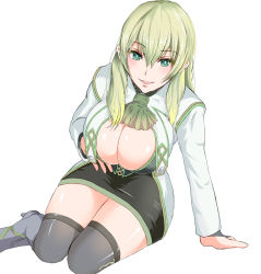 Rule 34 | 1girl, border break, breasts, cleavage, fiona (border break), green eyes, green hair, highres, large breasts, long hair, looking at viewer, miniskirt, open mouth, pencil skirt, shiwabuki (guillotine devil), simple background, skirt, smile, solo, thighhighs, white background