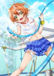 Rule 34 | 1girl, artist name, artist request, bare legs, blue skirt, blue sky, breasts, bucket, checkered clothes, checkered skirt, cloud, day, female focus, floating hair, green eyes, green wristband, hair between eyes, holding, hoshizora rin, looking at viewer, love live!, love live! school idol festival, love live! school idol project, miniskirt, orange hair, outdoors, parted lips, plaid, plaid skirt, pleated, pleated skirt, pool, pool ladder, shirt, short hair, short sleeves, skirt, sky, small breasts, smile, solo, sunlight, tied shirt, wet, wet clothes, wet shirt, white shirt, wrist cuffs, yellow eyes
