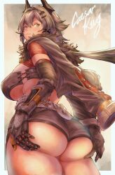 1girl absurdres ass black_horns black_jacket black_shorts breasts caesar_king_(zenless_zone_zero) character_name cowboy_shot crop_top from_behind fur-trimmed_jacket fur_trim grey_eyes grey_hair gusty10rk hair_intakes highres horns jacket large_breasts long_hair mechanical_arms shorts solo thighs underboob zenless_zone_zero