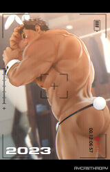 Rule 34 | 1boy, 2023, abs, animal ears, ass, bara, blurry, blurry background, brown hair, chinese zodiac, dark-skinned male, dark skin, feet out of frame, from behind, highres, large pectorals, looking at viewer, male focus, mature male, mizuki gai, muscular, muscular male, nipples, original, pectorals, rabbit boy, rabbit ears, rabbit tail, recording, revealing clothes, short hair, sideburns, solo, stomach, tail, thick eyebrows, thick thighs, thighs, topless male, viewfinder, wrist cuffs, year of the rabbit