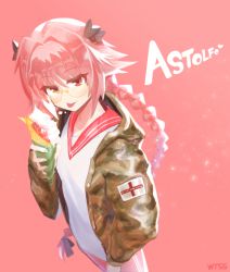 Rule 34 | 1boy, artist name, astolfo (fate), bad id, bad pixiv id, bespectacled, black bow, bow, braid, camouflage, camouflage jacket, character name, closed mouth, clothes writing, commentary, crepe, double vertical stripe, eating, eyelashes, eyes visible through hair, fang, fate/apocrypha, fate (series), food, from above, glasses, hair between eyes, hair bow, hair intakes, half-closed eyes, hand up, holding, holding food, hood, hood down, hooded jacket, jacket, long hair, long sleeves, looking at viewer, looking up, male focus, multicolored hair, open clothes, open jacket, pants, patch, pink background, pink hair, red eyes, red pants, red sailor collar, sailor collar, semi-rimless eyewear, shirt, simple background, single braid, smile, solo, sparkle, streaked hair, tongue, tongue out, trap, two-tone hair, under-rim eyewear, very long hair, white hair, white shirt, wootsang, yellow-framed eyewear