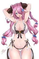 Rule 34 | 10s, 1girl, aori sora, armpits, arms behind head, arms up, bikini, blue eyes, blush, breasts, cleavage, granblue fantasy, hair over one eye, highres, large breasts, light purple hair, long hair, looking at viewer, narmaya (granblue fantasy), narmaya (summer) (granblue fantasy), navel, open mouth, pointy ears, purple hair, simple background, smile, solo, swimsuit, thighs, very long hair, white background, white bikini