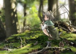 Rule 34 | 1girl, animal, animal ears, basket, blurry, capelet, carrying over shoulder, day, depth of field, dowsing rod, forest, from side, green skirt, green vest, grey hair, highres, holding, long sleeves, moss, mouse (animal), mouse ears, mouse tail, nature, nazrin, nazrin (touhou), outdoors, photo background, red eyes, shiguro, shirt, short hair, signature, skirt, skirt set, tail, touhou, tree, vest, white shirt