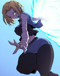 Rule 34 | 1girl, android 18, blonde hair, blue background, blue eyes, boots, breasts, commentary, denim, denim jacket, denim skirt, dragon ball, dragonball z, energy blast, glowing, glowing eyes, highres, jacket, jin (mugenjin), long sleeves, midriff, pantyhose, shirt, short hair, skirt, sleeveless, sleeveless jacket, solo, striped clothes, striped shirt