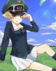 Rule 34 | 1girl, adjusting clothes, adjusting headwear, arm support, black socks, blonde hair, blue jacket, blue sky, brown eyes, cloud, cloudy sky, commentary, day, erwin (girls und panzer), girls und panzer, goggles, goggles on headwear, grass, green hat, green shirt, grin, hat, jacket, jimanaka (yukinosingun), leaf, lens flare, long sleeves, looking at viewer, military, military hat, military uniform, miniskirt, ooarai military uniform, outdoors, peaked cap, pleated skirt, pointy hair, shirt, short hair, sitting, skirt, sky, smile, socks, solo, unbuttoned, uniform, white skirt, wind