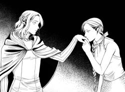 Rule 34 | 1boy, 1girl, arm at side, bare arms, bare shoulders, braid, braided ponytail, braided ponytail lamia (dungeon meshi), breasts, cloak, commentary request, crop top, dancing singer, dungeon meshi, elf, french braid, from side, gorget, green cloak, halterneck, hand up, holding hands, hood, hood down, hooded cloak, kiss, kissing hand, korean commentary, lamia, long hair, long sleeves, male focus, medium breasts, mithrun, monster girl, outstretched arm, parted lips, pointy ears, profile, short hair, single braid, smile, surprised, tunic, uniform, upper body
