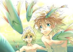 Rule 34 | 2boys, blonde hair, blue eyes, brown hair, commentary, day, eguana, english commentary, engrish commentary, facing viewer, fish, floating hair, holding breath, kingdom hearts, kingdom hearts ii, male focus, multiple boys, ocean, outdoors, roxas, short hair, sora (kingdom hearts), swimming, topless male, underwater, upper body