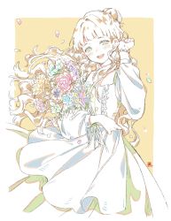 Rule 34 | 1girl, blush, dress, flower, green eyes, hair bun, highres, holding, holding flower, long hair, long sleeves, looking at viewer, open mouth, original, petals, rose, simple background, single hair bun, solo, teeth, upper teeth only, white dress, xiaociiao, yellow background