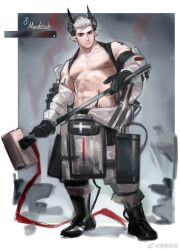 Rule 34 | 1boy, abs, arknights, bara, bare pectorals, bare shoulders, black shirt, clothes lift, code2 ip, full body, genderswap, genderswap (ftm), grey hair, hammer, highres, holding, holding hammer, horns, large pectorals, looking at viewer, male focus, male underwear, male underwear peek, mudrock (arknights), muscular, muscular male, navel, nipples, pectorals, pelvic curtain, pointy ears, red eyes, shirt, shirt behind neck, shirt lift, shoes, short hair, simple background, sketch, solo, stomach, thick eyebrows, underwear, war hammer, weapon