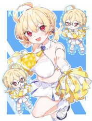 Rule 34 | 1girl, ahoge, blonde hair, blue archive, blue background, blush, breasts, cheerleader, chibi, cleavage, commentary request, glasses, highres, holding, holding pom poms, kotori (blue archive), kotori (cheer squad) (blue archive), large breasts, looking at viewer, millennium cheerleader outfit (blue archive), multiple views, official alternate costume, open mouth, outside border, plump, pom pom (cheerleading), pom poms, red eyes, shoes, short twintails, skirt, smile, socks, standing, standing on one leg, twintails, ureshiitime ki, white footwear, white skirt, white socks