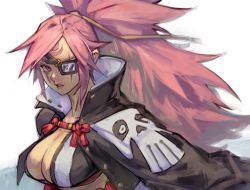Rule 34 | 1girl, arc system works, baiken, black jacket, breasts, cleavage, cleavage cutout, clothing cutout, collarbone, eyepatch, facial mark, guilty gear, guilty gear xrd, jacket, large breasts, long hair, looking at viewer, open mouth, pink hair, ponytail, red eyes, scar, scar across eye, scar on face, shaded face, sideboob, simple background, skull print, solo, uncle rabbit ii, upper body, white background