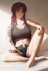 Rule 34 | 1girl, abs, absurdres, arm tattoo, bare arms, bare legs, bare shoulders, barefoot, belt, black lagoon, black panties, black shirt, blouse, bored, breasts, brown eyes, cigarette, cleavage, closed mouth, collarbone, crop top, crossed ankles, cutoffs, denim, denim shorts, full body, gun, hand on own knee, handgun, highres, holding, holding cigarette, holding gun, holding weapon, holster, holstered, knee up, large breasts, leaning back, light frown, long hair, looking away, midriff, navel, numanoan, on bed, open clothes, open fly, open shorts, panties, pistol, ponytail, revy (black lagoon), shirt, short shorts, shorts, sidelocks, sitting, smoke, solo, tank top, tattoo, thighs, underwear, unzipped, weapon