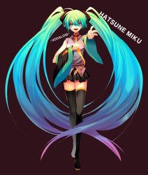 Rule 34 | 1girl, aqua eyes, aqua hair, bad id, bad pixiv id, blue hair, character name, detached sleeves, gradient hair, green hair, hatsune miku, long hair, looking at viewer, multicolored hair, nine, open mouth, sapphire (nine), simple background, skirt, smile, solo, thighhighs, twintails, very long hair, vocaloid, zettai ryouiki