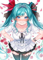 Rule 34 | &gt;:(, 1girl, annoyed, aqua hair, black thighhighs, blue eyes, blush, breasts, cleavage, closed mouth, collarbone, dress, embarrassed, flower, from above, frown, hands on own hips, hatsune miku, highres, inue ao, long hair, looking at viewer, medium breasts, petals, rose, short sleeves, sidelocks, simple background, supreme (module), swept bangs, thighhighs, tiara, twintails, v-shaped eyebrows, very long hair, vocaloid, world is mine (vocaloid), wristband, zettai ryouiki