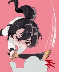 Rule 34 | 1boy, attack, black hair, chibi, chungmyung, commentary request, highres, korean commentary, long hair, long sleeves, male focus, pink background, pink eyes, ponytail, return of the mount hua sect, simple background, smile, squeak wlr1, sword, weapon