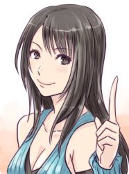 Rule 34 | 1girl, arm warmers, black eyes, black hair, breasts, character name, cleavage, closed mouth, collarbone, final fantasy, final fantasy viii, long hair, looking at viewer, pointing, pointing up, rinoa heartilly, sadakiyo kazuhiko, simple background, sleeveless, smile, solo