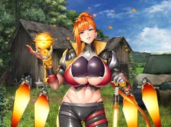 Rule 34 | 1girl, breasts, bush, cigarette, cleavage, cleavage cutout, clothing cutout, curvy, fire, gloves, grass, highleg, highleg panties, holding, holding sword, holding weapon, huge breasts, kamimura maika, kamimura maika (future), lilith-soft, long hair, looking at viewer, orange hair, panties, pants, ponytail, purple eyes, scar, screencap, shiny clothes, shiny skin, sian, skindentation, solo, standing, string panties, sword, taimanin (series), taimanin asagi, taimanin rpgx, thong, underwear, very long hair, weapon, wide hips