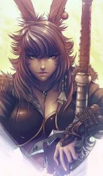 Rule 34 | 1girl, absurdres, animal ears, warrior of light (ff14), breasts, brown hair, cleavage, close-up, closed mouth, cropped jacket, dark-skinned female, dark skin, earrings, final fantasy, final fantasy xiv, freckles, fur collar, green eyes, highres, jewelry, lips, long hair, looking at viewer, medium breasts, necklace, rabbit ears, solo, sword, upper body, viera, vvernacatola, weapon, wrist guards