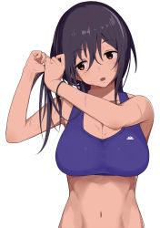 Rule 34 | 1girl, absurdres, adjusting hair, black hair, breasts, brown eyes, cleavage, commentary request, hair between eyes, highres, iwadamai, large breasts, nail polish, navel, open mouth, original, simple background, solo, sports bra, sweat, tying hair, upper body, white background