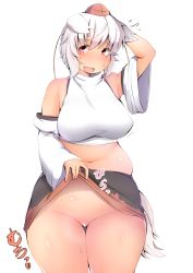 Rule 34 | 1girl, animal ears, arm up, bare shoulders, belly, breasts, clothes lift, curvy, detached sleeves, fang, flying sweatdrops, hat, highres, hip focus, inubashiri momiji, large breasts, looking at viewer, navel, pink eyes, plump, pussy, shishi juuroku, simple background, skirt, skirt lift, smile, solo, thick eyebrows, thick thighs, thigh gap, thighs, tokin hat, touhou, translation request, white background, wolf ears