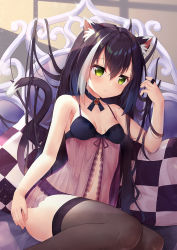 Rule 34 | 1girl, animal ear fluff, animal ears, bare arms, bare shoulders, black bra, black hair, black panties, black thighhighs, blush, bra, breasts, cat ears, cat girl, cat tail, checkered pillow, collarbone, commentary request, gem, green eyes, hair between eyes, highres, karyl (princess connect!), long hair, looking at viewer, low twintails, lying, medium breasts, multicolored hair, navel, on back, panties, princess connect!, revealing clothes, see-through, solo, streaked hair, tail, taku michi, thighhighs, twintails, underwear, underwear only, very long hair, white hair
